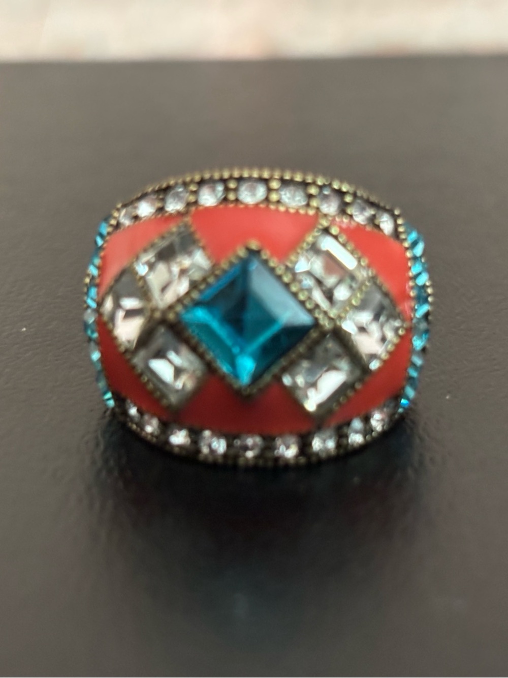 Heidi Daus Coral Enamel Ring with Teal Center Crystal